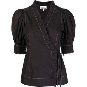 GANNI Puff-Sleeve Wrap Poplin Shirt - NWT, Color: Black, Size: DE 42 / US 12